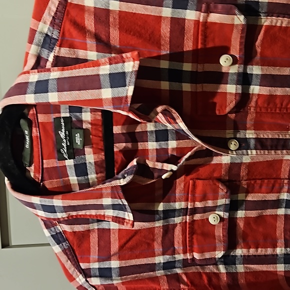Eddie Bauer red white navy plaid cotton buttondown shirt unisex M/lrg W/XL - Picture 3 of 6